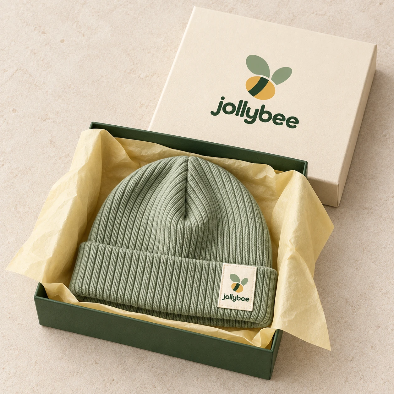 Sage ribbed beanie packaging presentation
