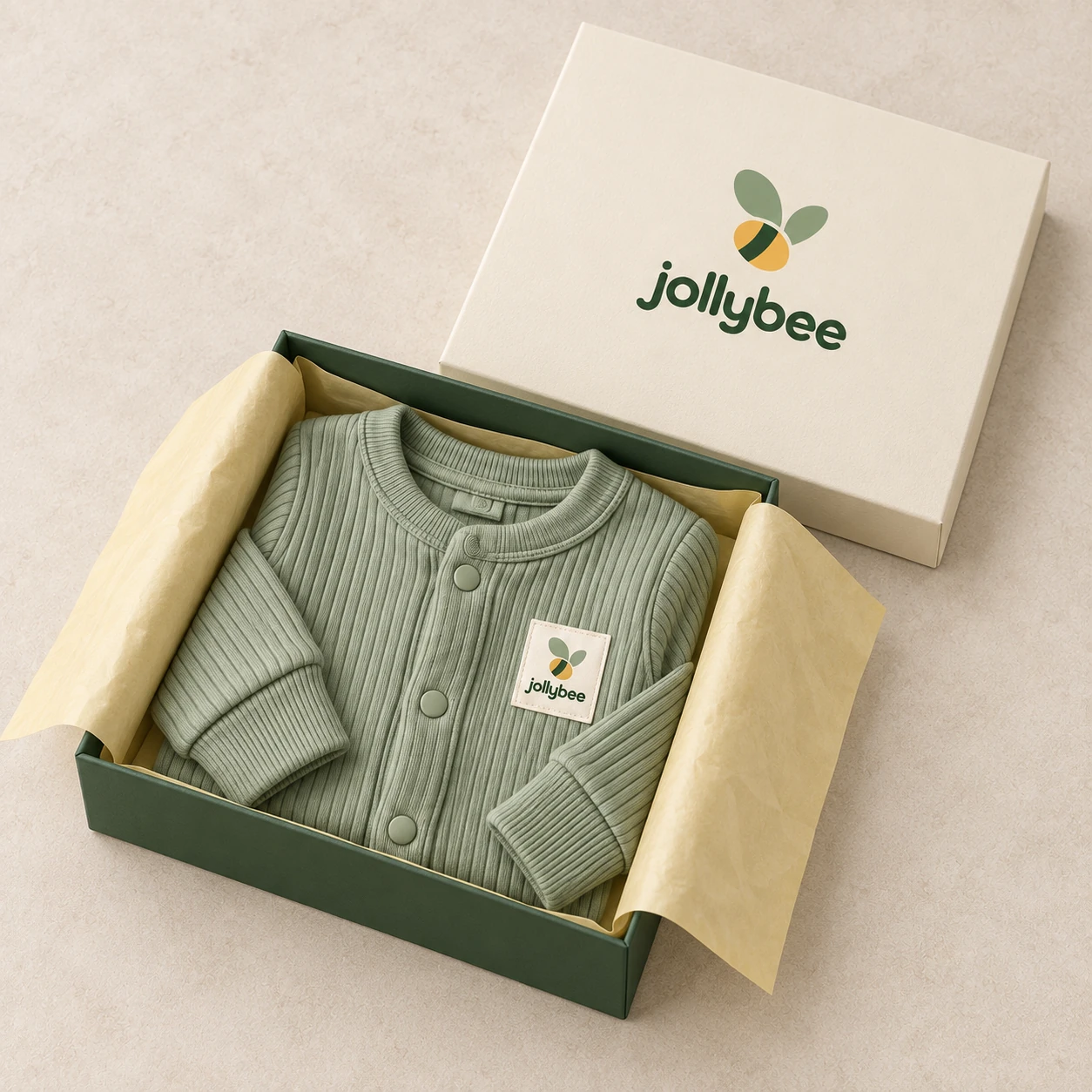 Sage ribbed sleepsuit packaging presentation